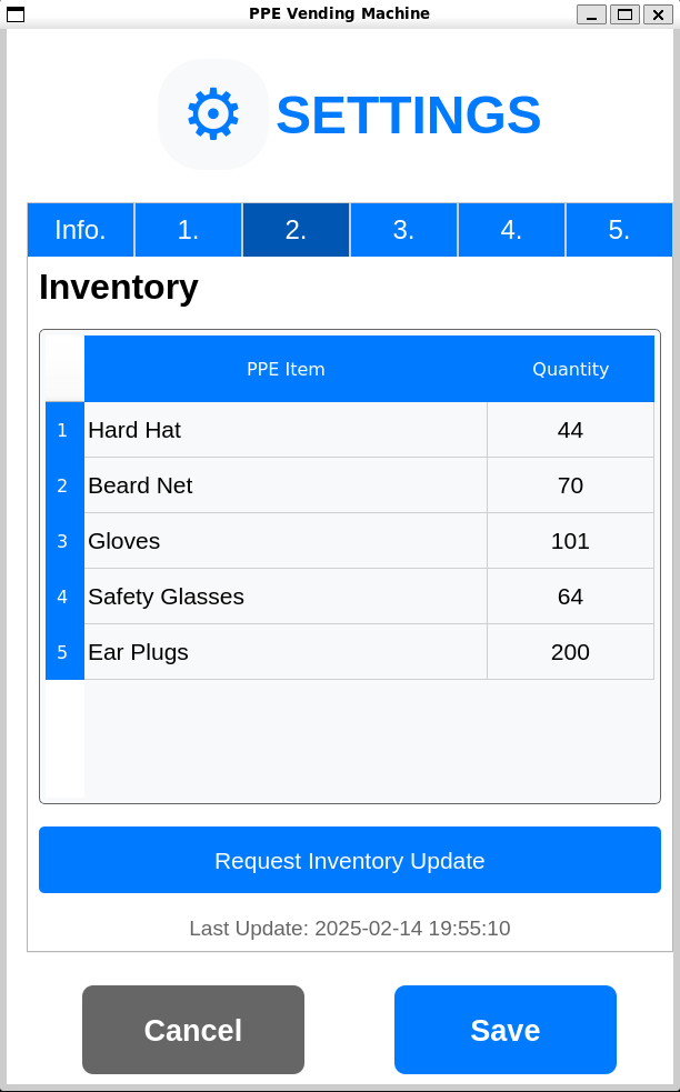 Previous ROS2 GUI - Inventory Settings